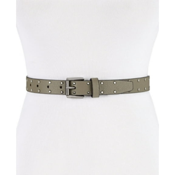 DKNY Women's Pebble Metallic Studded Skinny Faux-Leather Belt, Olive, M