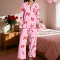 thumbnail image 6 of Pajamas for Women Set Silk Valentines Pjs Long Sleeve Bow Print Sleepwear Soft Button down Loungewear Pajama Set Women, 6 of 9