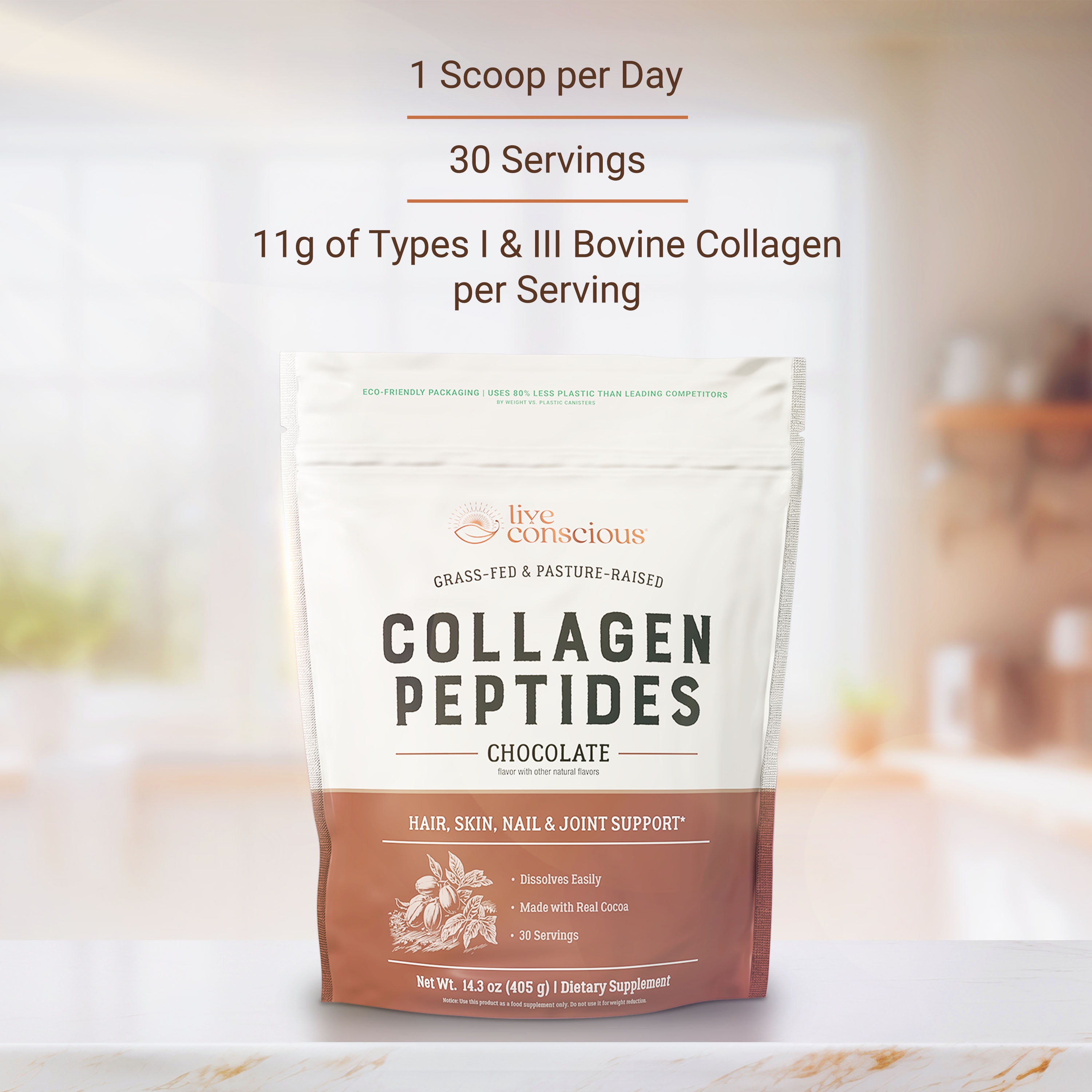 Live Conscious Peptides Chocolate Collagen Powder, Grass-Fed Types I & III, Skin, Hair, Nails & Joint Support, 30 Servings