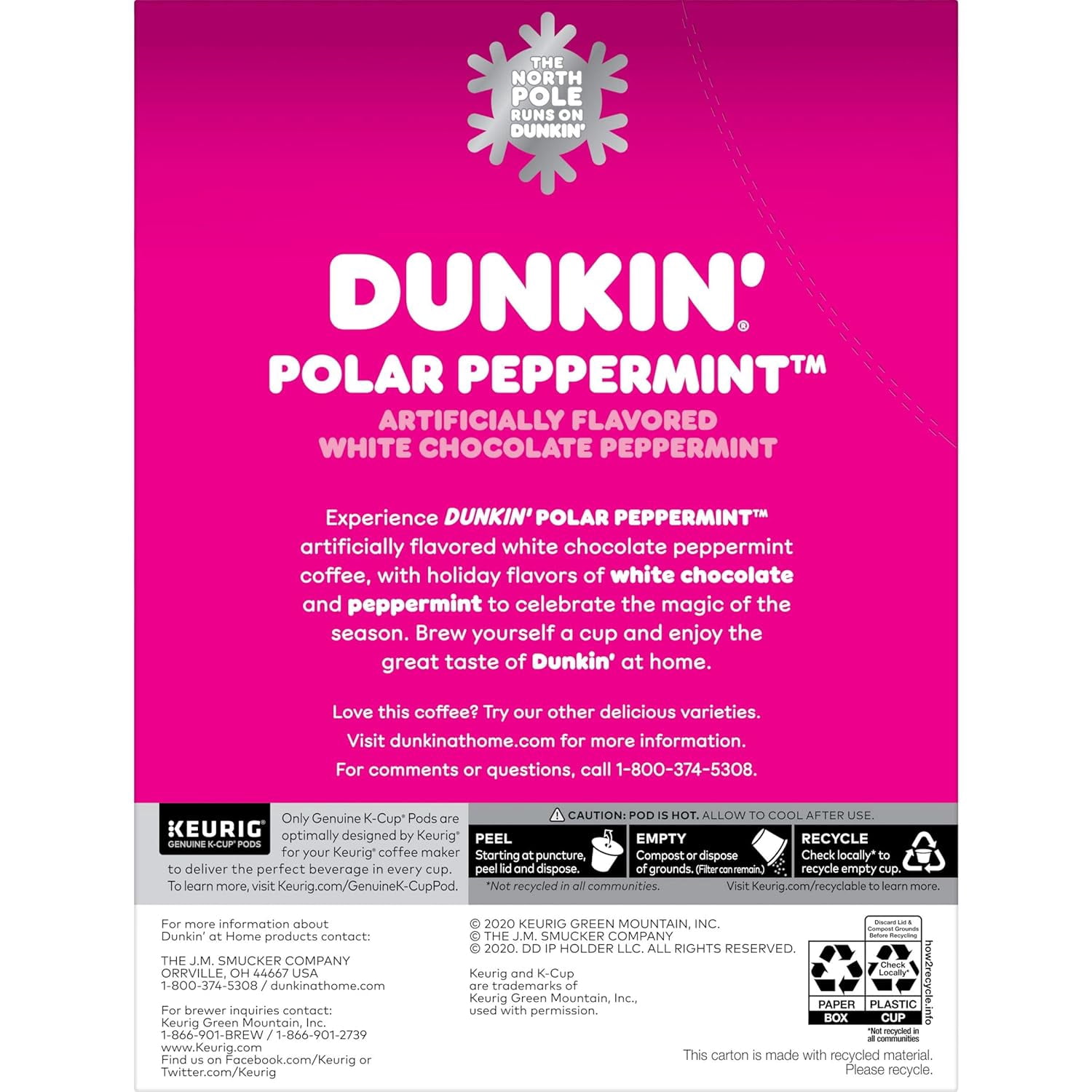 Dunkin Donuts Limited Edition Holiday Coffee K Cups - Polar Peppermint -1 Box of 22 Seasonal Kcup Pods For Keurig Coffee Makers