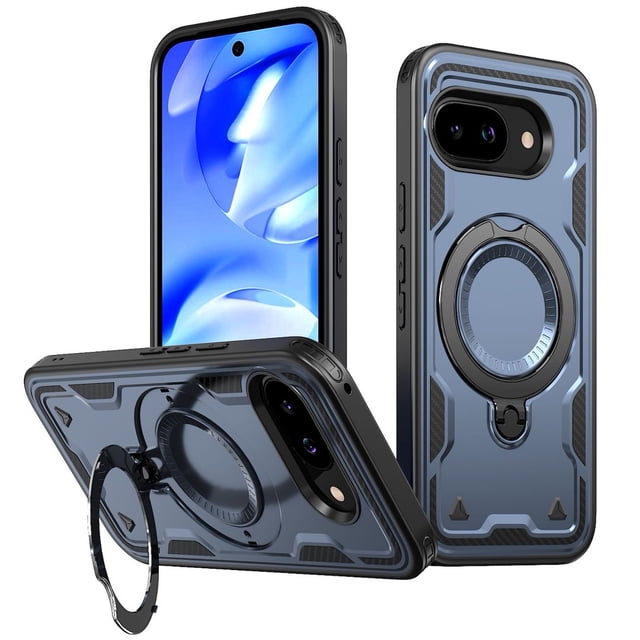 for Google Pixel 9A Case,Compatible with MagSafe,2 Pack Glass Screen Protector,Built-in KickStand Grip Ring,Heavy Duty Military Grade Shockproof Rugged Phone Cover For Pixel 9A 6.3"(Navy Blue)