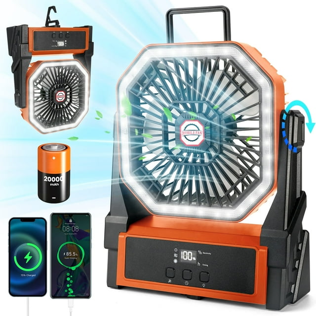 Henotian Ventilador de Acampar, Ventilador Portátil para Viajes, Ventilador de Escritorio Recargable de 20000 Mah, Ventilador Que Funciona con Pilas con Gancho para Colgar para Tienda, Oficina, Viajes, Pesca, Picnic