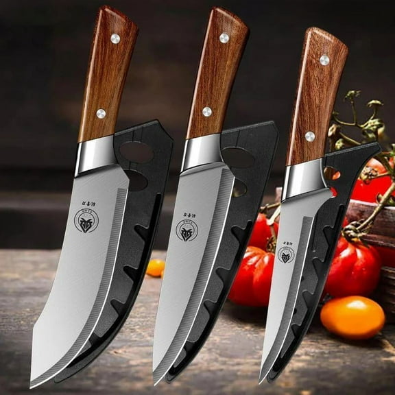 3pcs Stainless Steel Kitchen Knives Set - Sharp Paring, Chef, and Multifunctional Meat Cleaver Knives for Vegetable, Fruit, and Meat Preparation - Ergonomic Handle, Rust-Resistant,  Easy to Clean