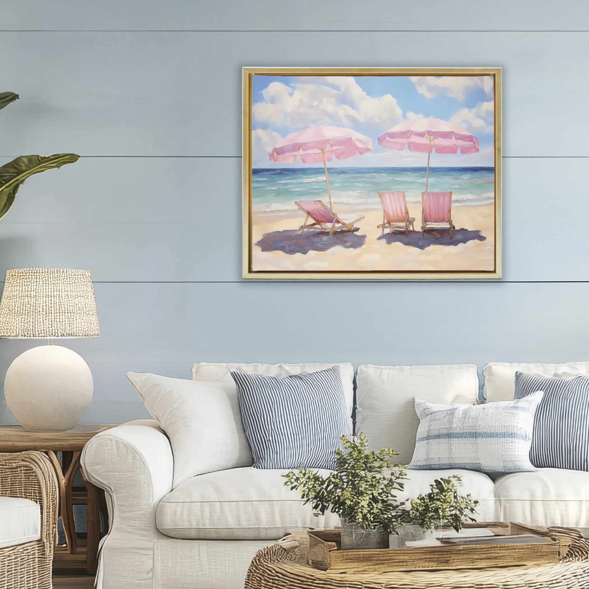Stupell Industries Pink Summer Chairs by the Sea Gold Framed Floater Canvas Wall Art, design by LSR Design Studio