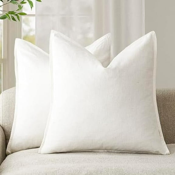 Pack of 2, Decorative Linen Soild Throw Pillow Covers Soft Accent Cushion Case Boho Farmhouse Neutral Pillowcase for Chair Couch Sofa Bedroom Living Room Home Decor 20 x 20 Inch Cream White