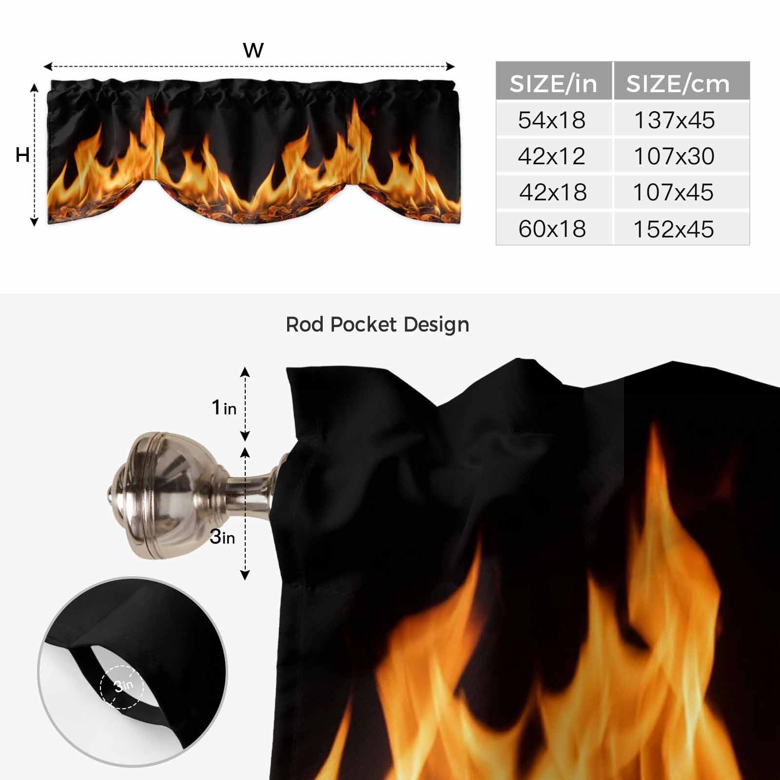 Orange Flames Tie Up Valances Curtain, Neon Style Black Background Kitchen Valances for Windows Decor, Rod Pocket Short Curtains Set for Bedroom/Bathroom, 54"x18"