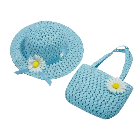 XIMIN Baby Girls Flower Wide Brim Hat Sun Beach Straw Flower Hats with Cute Shoulder Bag Summer Kids Sun Hats Purse ﻿ Straw Hats with Straw Woven Pocket Shoulder Bag