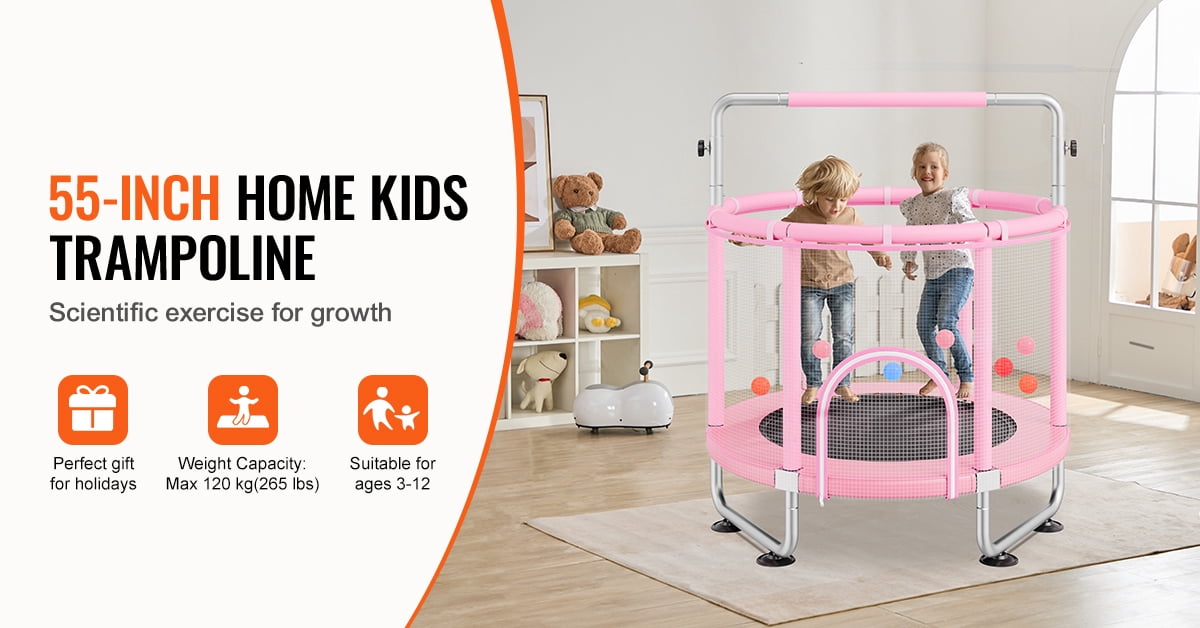 KFFKFF 55" Children's Trampoline, 4.6FT for Indoor and Outdoor Use, Petite Trampoline for Toddlers with Protective Netting and Basketball Hoop, Ideal Birthday and Christmas Presents for Kids Aged 3