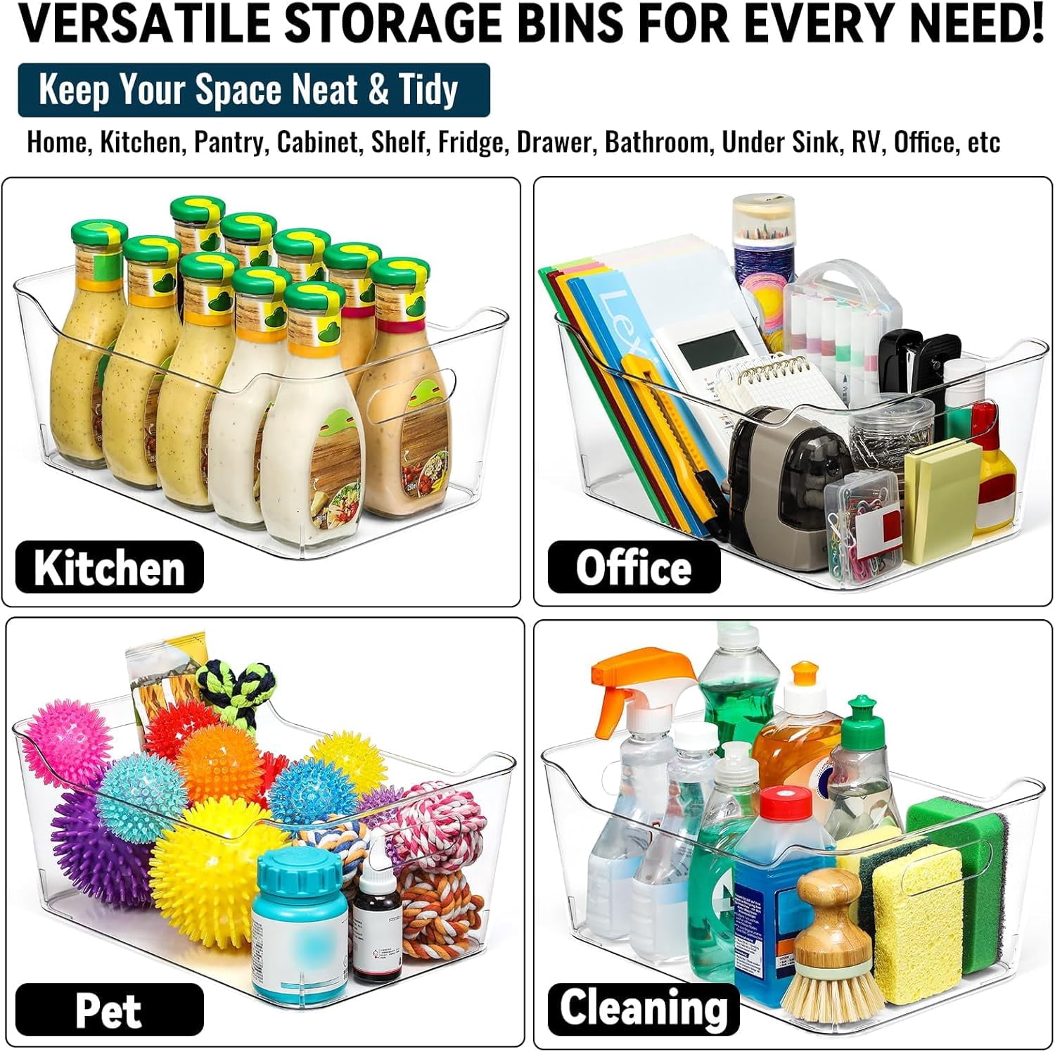 12 PACK Multi-Use Clear Plastic Storage Bins for Organizing w/Labels - Home, Kitchen, Pantry, Bathroom, Office, Cabinet Shelf Organizer Bins  Collection, RV, Fridge Organization Containers - L