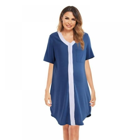 

Monfince Women s Nightgown Short Sleeve Comfy Sleep Nightshirt Button Down Pajama Dress Blue S