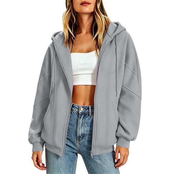 BXJX Womens Hoodies with Drawstring, Full Zip Casual Long Sleeve Spring Fall Jackets with Pockets Gray Size S-2XL
