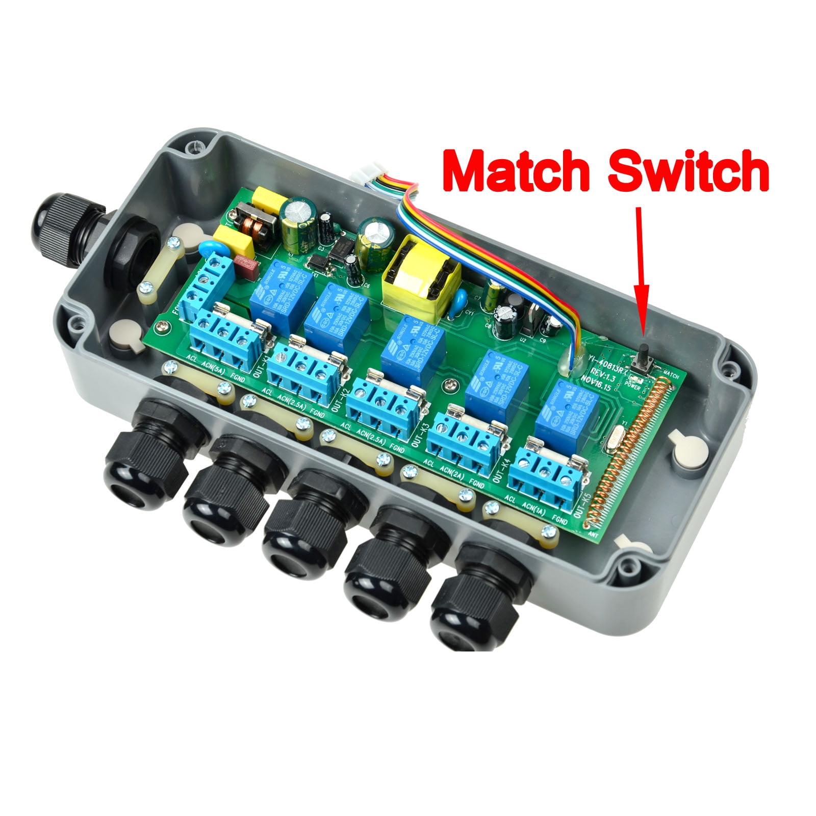 GREENCYCLE 1 Set 15A 5-Gang Junction Box Weatherproof Outdoor Switched with 5 x Push Switches w/indicators and 6 x 20mm Cable Gland and Remote Power Switch IP66 Rated (1PK Box, 1PK Remote Control)