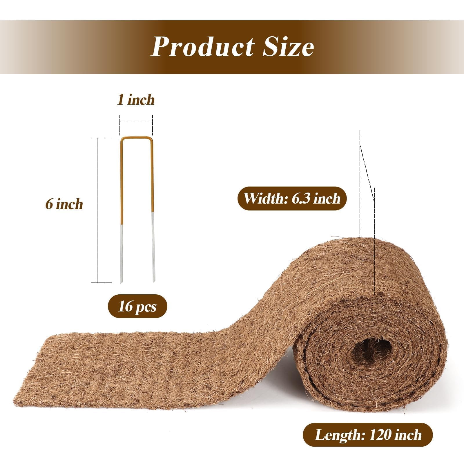 Natural Mulch for Landscaping 120" X 6.3", Coconut Fiber Mulch Mat Roll with 16 U-Shaped Steel Stakes, Garden Edging Border Mat Natural Looking Permanent Mulch Barrier for Plants Vegetables & Flowers