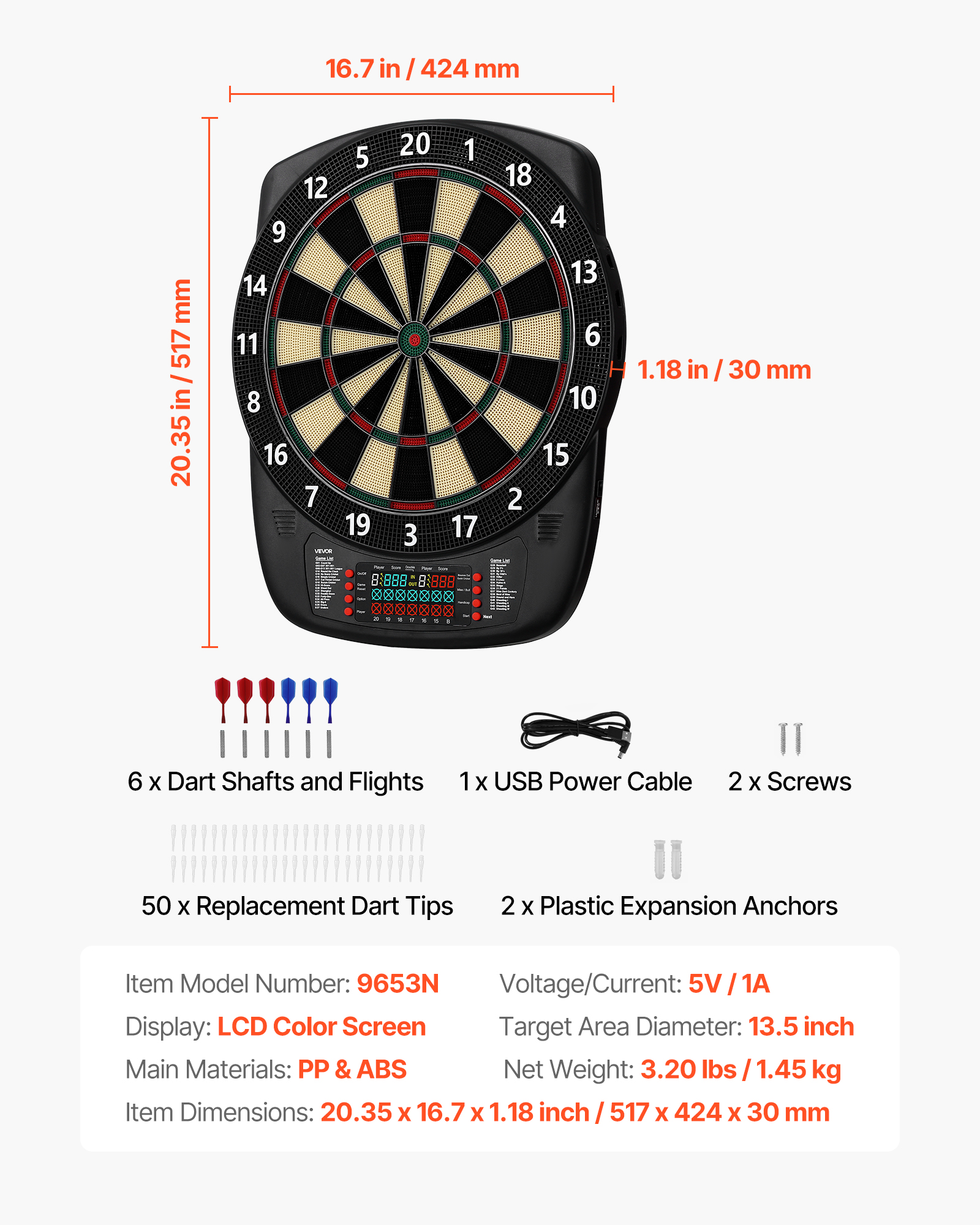 VEVOR Electronic Dart Board, 13.5" Target Dartboard with 43 Games & 200+ Variations for Up to 8 Players, 6 Dart Shafts with Flights & 50 Soft Tips, Color LCD Scoring Screen for Home Party Game Rooms