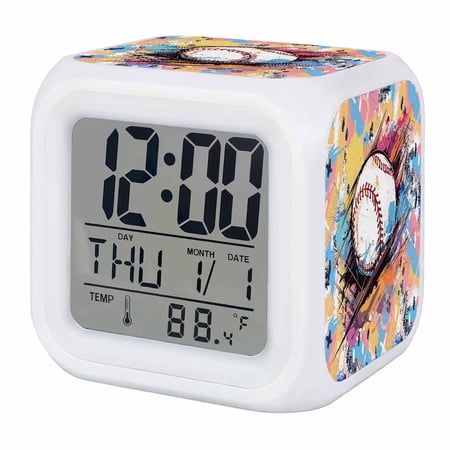 Baseball Sports Digital Alarm Clock for Bedrooms, Smart LED Alarm Clock with 7 Color Changing Night Light, Minimalist Geometric Smear Art Silent Wake Up Clocks for Sleep Study Cooking 3.2x3.2