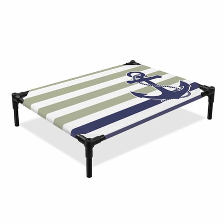 Anchor Striped Elevated Dog Bed Ocean Sage Green and Blue Striped Decor Cooling Breathable Outdoor Raised Dog Cot Bed with Metal Frame Non-Slip Feet for Medium Dog 24x20in