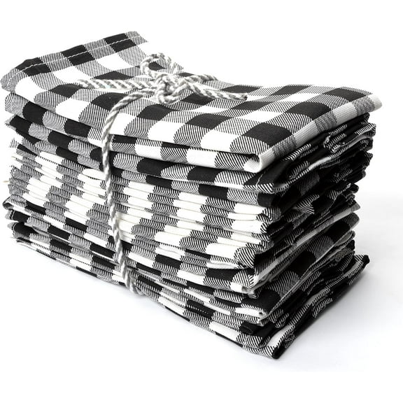 PERLLI 12 Pack Cloth Dinner Plaid Napkins - Black/White