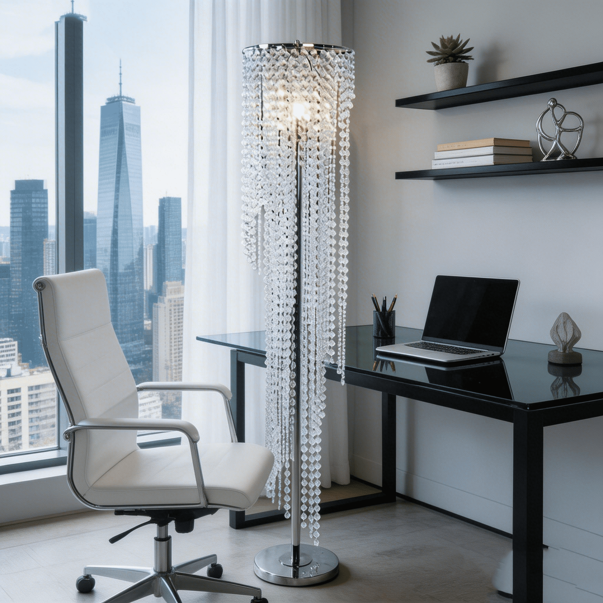 JERFIT Modern Crystal Floor Lamp for Living Room, Chrome Finish with Glass Beads, Tall Standing Lamp for Bedroom, Ambient Light with Refractive Crystals, UL Listed