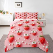 Castle Fairy Red Strawberry Twin Comforter Sets for Teens,Kawaii White Bowtie Bedding Set