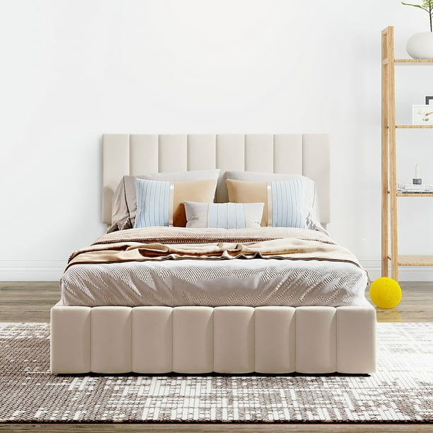 Beige Gray Upholstered Platform Bed, Bed Frame Hydraulic Storage