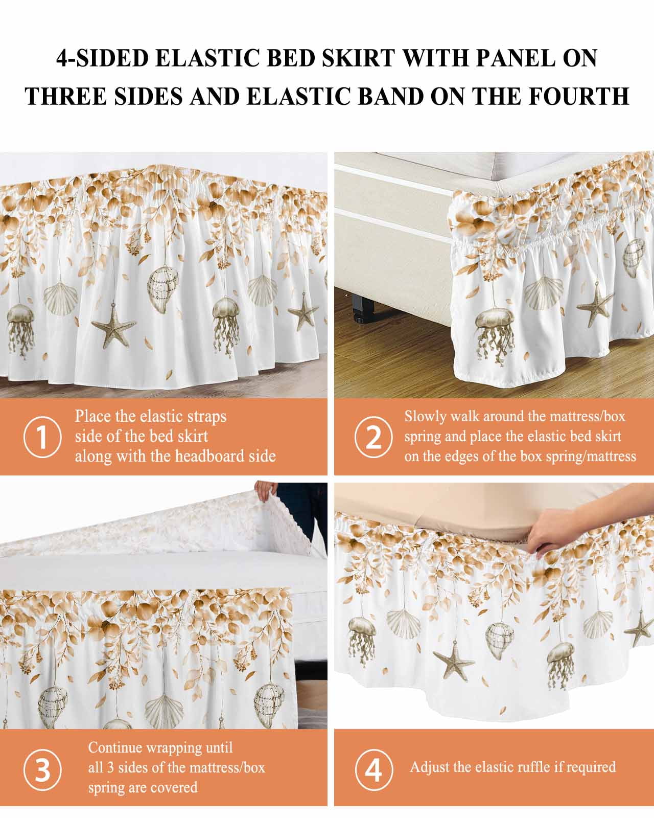 Orange Coastal Wrap Around Bed Skirts for California King Bed 16" Drop,Bed Skirt with Adjustable Elastic Belt Dust Ruffle Bed Valance Summer Eucalyptus Leaves Beach Ocean Starfish Bed Frame Cover