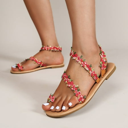 

Aayomet Beach Sandals for Women Ladies Fashion Summer Leather Flower Decorative Set Toe Flat Bottom Beach Sandals Red 6.5