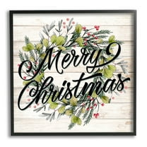 Stupell Industries Merry Christmas Botanical Wreath Graphic Art Black Framed Art Print Wall Art, Design by Kim Allen