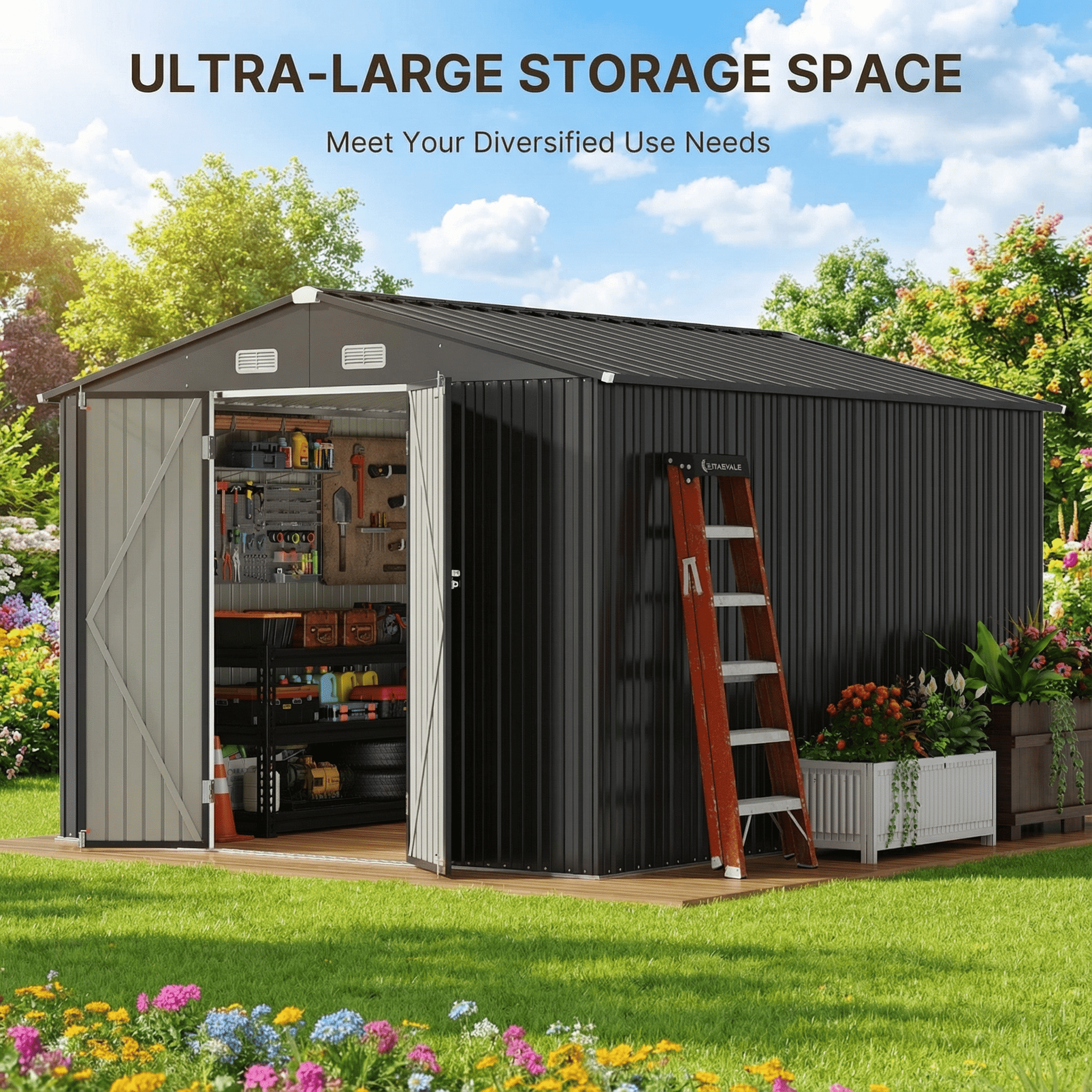 10'x10' ft Outdoor Storage Shed on Sale, Sheds & Outdoor Storage with Lockable Doors, Metal Garden Shed by Durable Galvanized Steel for Patio, Lawn, Grey