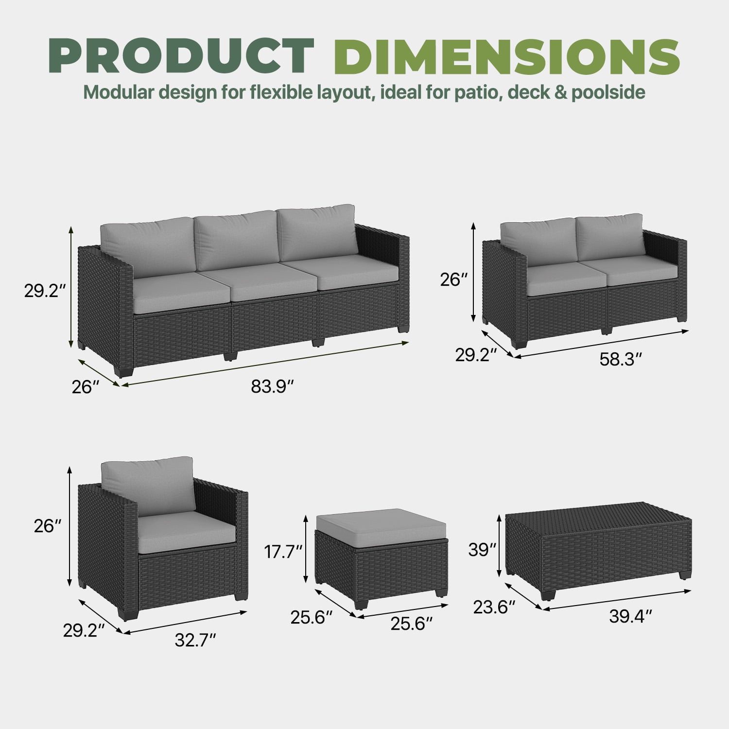 BaPiPro 7-Piece Gray PE Rattan Outdoor Sectional Sofa Set, Patio Furniture with Storage Table, Convertible Ottomans & Weather Resistant Cushions for Backyard & Poolside