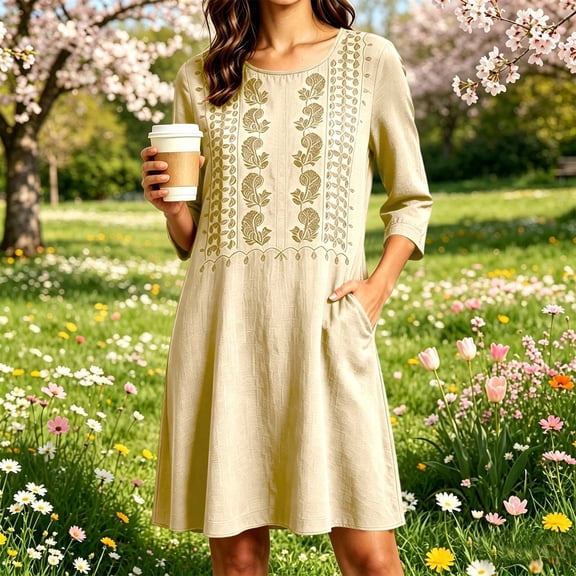 Odbmxy Boho Mini Dresses for Women Fall 3/4 Sleeve Shift Regular Tunic Embroidery Dress for Women Vacation Tent