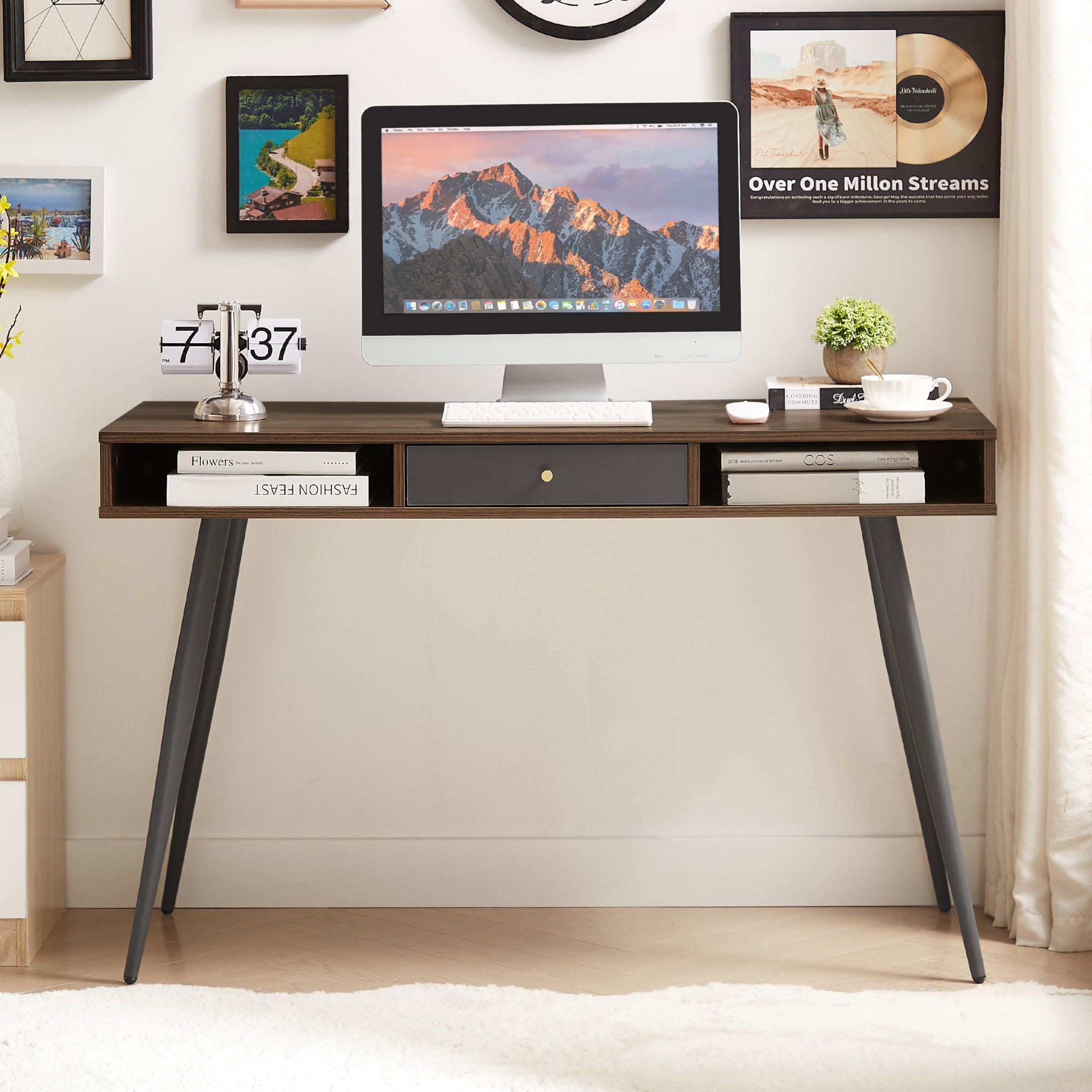 Noble House 47.24" Mid-Century Writing Desk, 3-Drawer Multifunctional Home Office Computer Table, Walnut