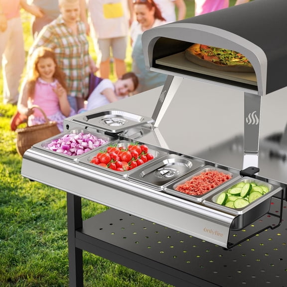 Pizza Topping Station with Stainless Steel Containers and Lids, Adjustable C-Clamp Condiment Serving Cart for Kitchen Grill Outdoor Oven Table