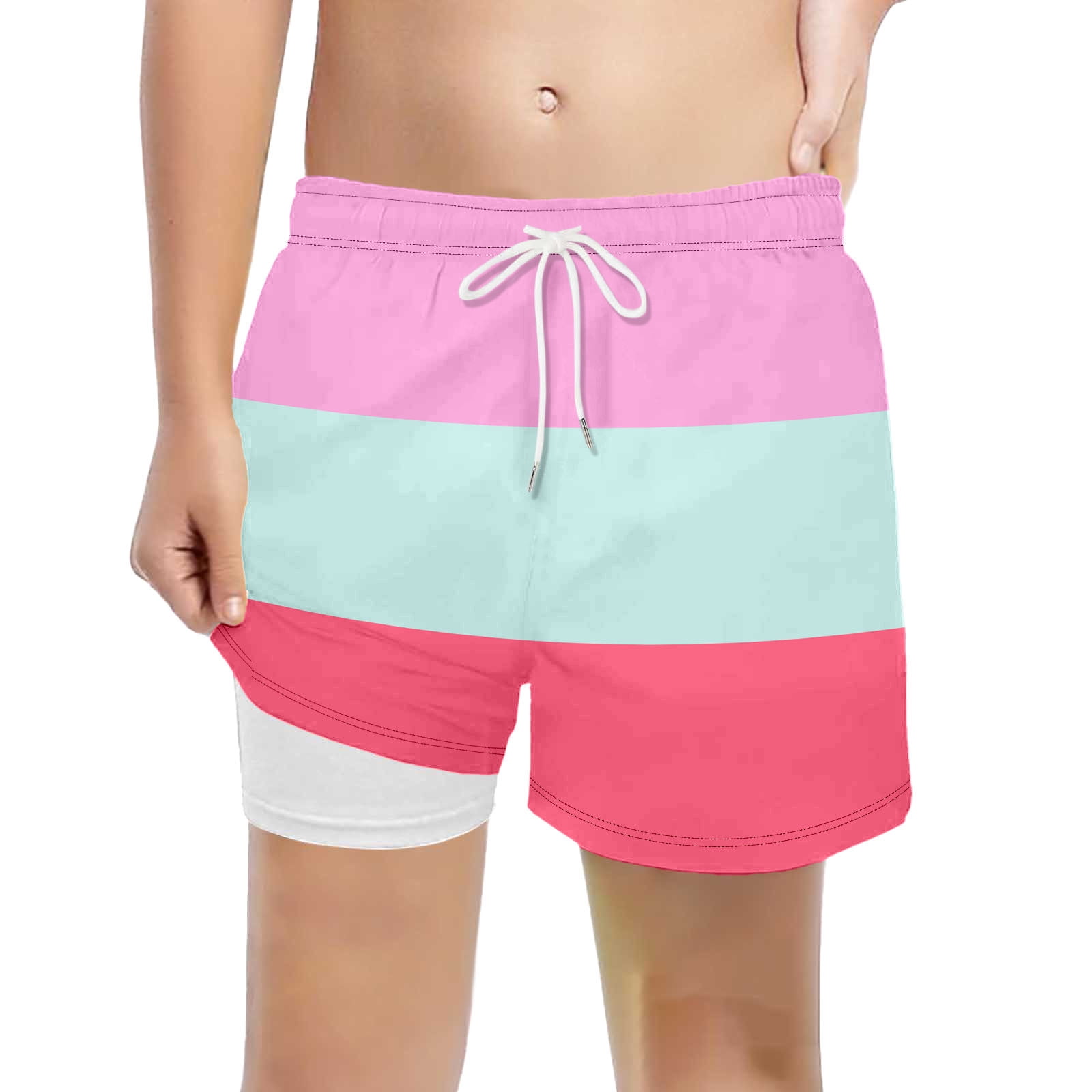 FASHOFT Boys Swim Trunks with Mesh Liner Color Block Comfortable Swimming Shorts Stretchy Quick Dry Kids Board Shorts Pink
