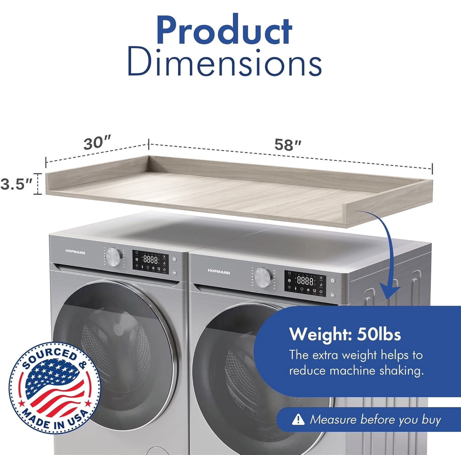 OfficeSimpli Large Washer Dryer Countertop 30 x 58 - Made in USA - Laundry Countertop Over Washer and Dryer, Laundry Room Countertop Organization Solution with Non-Slip Pads, Rustic Oak
