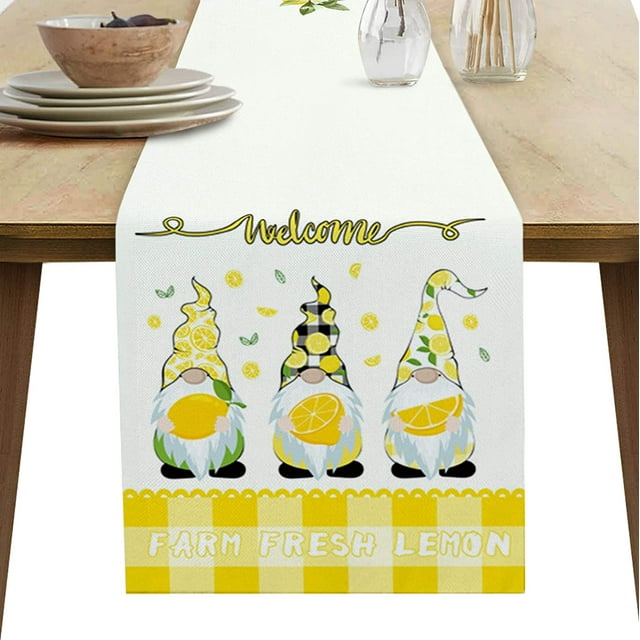 Welcome Farmhouse Fresh Lemon Gnomes Cotton Linen Table Runner Spring Summer Yellow Check Dresser Scarves Decorations for Kitchen Home Dining,Wedding,Holiday Party 13x70 inches Long
