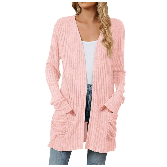 PMVFHDE Women's Solid Color Pocket Long Sleeve Basic Cardigan Knit Top Pink,S