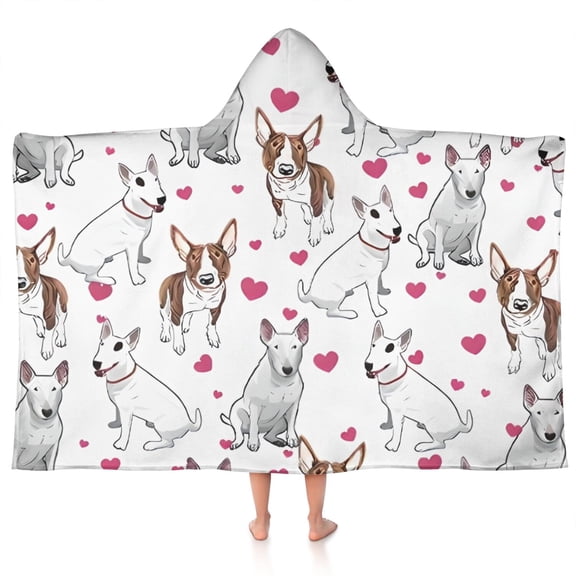 Bull Terriers and Hearts Hooded Bath Towel,50"x30" for Ages 3 To 12 Kids, Quick Dry Lightweight Soft Microfiber Hood Beach Towel Cover Up for Kids