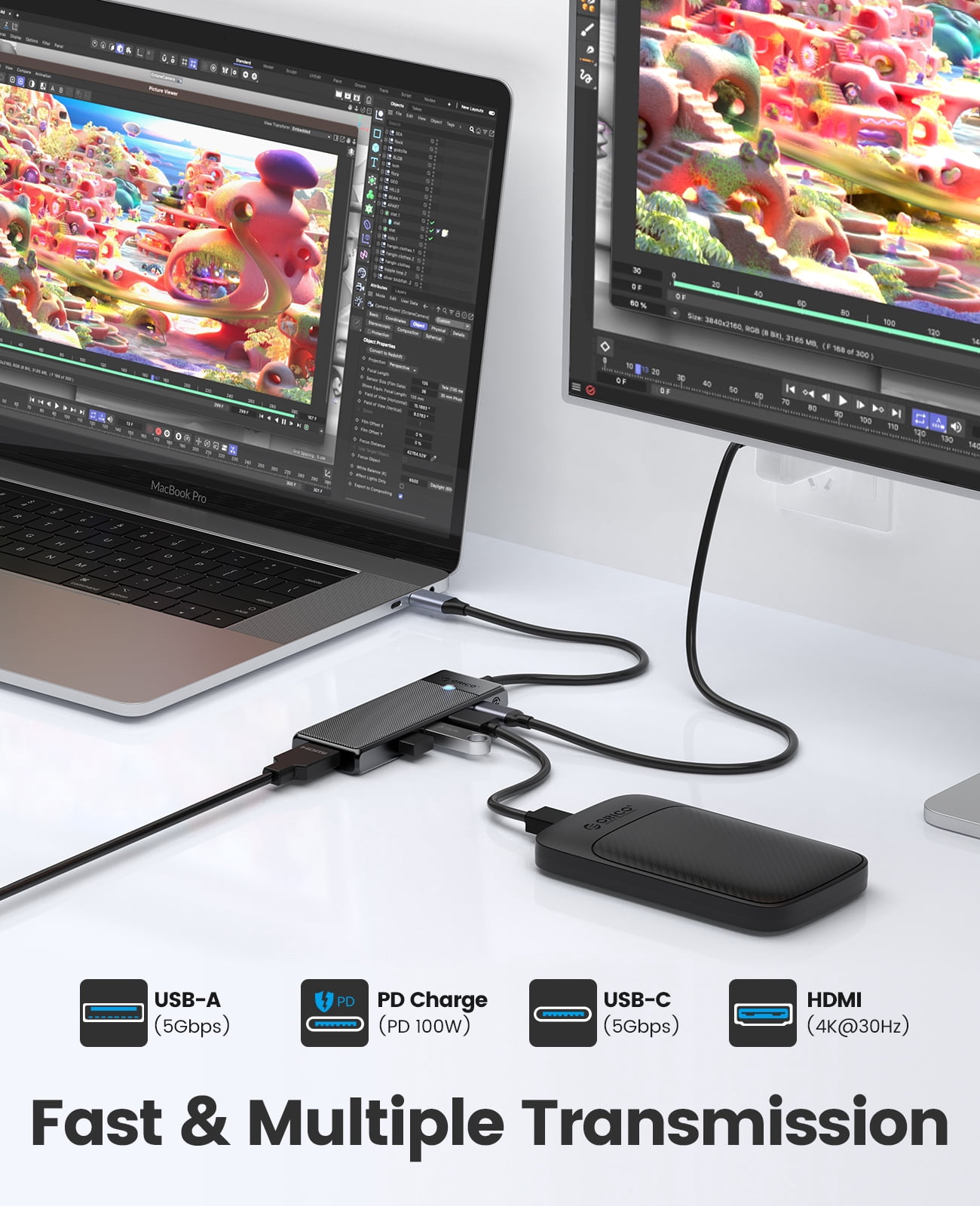 ORICO 5 IN 1 USB C Hub USB C Docking Station Laptop Docking Station with 4K@30HZ HDMI, PD100W, 2 USB A Port, USB C Port HUB For Windows Mac