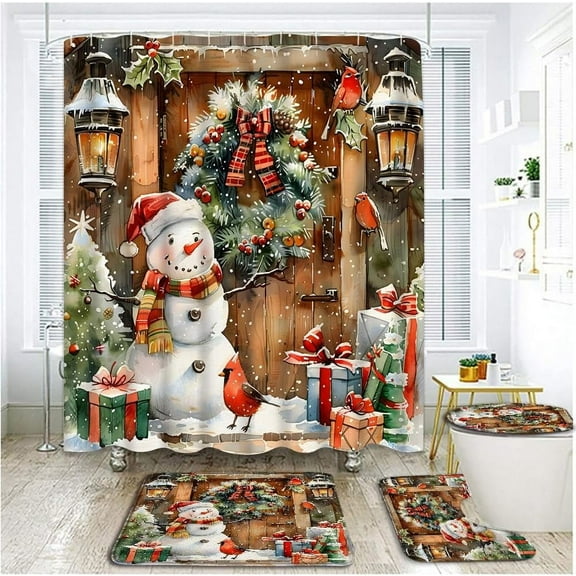 4 Piece Farmhouse Christmas Shower Curtain Set with Rugs, Toilet Lid Cover ,Christmas Eve Snowman Red Bird Snowflake Xmas Present Wreath Rustic Door Wooden Board Bathroom Shower Curtain with Hooks