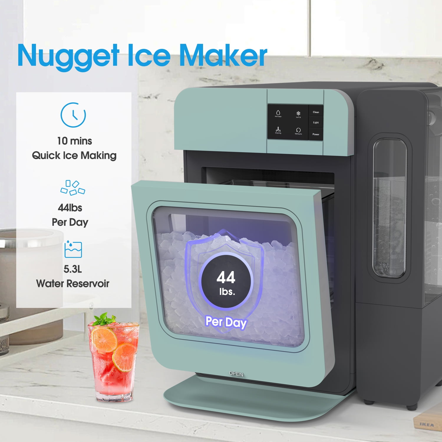 VECYS Nugget Ice Maker W/ Side Water Tank, 44LBS/Day Self-Cleaning, Sage