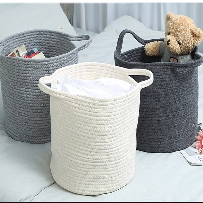 Woven Cotton Round Storage Basket With Handles