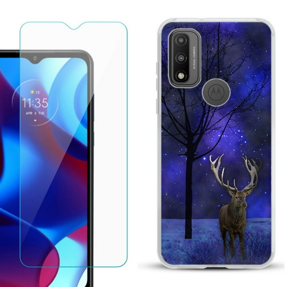 Slim-Fit Gel TPU Phone Case for Motorola Moto G Pure, with Tempered Glass Screen Protector, by OneToughShield ® - Midnight Deer