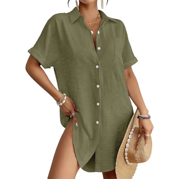 Women Swimsuit Coverup Shirt Dress Button Down Bathing Suit Cover Up Beach Vacation Outfits