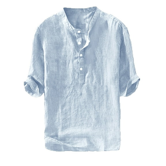 Mens Henley Linen Shirts Beach Casual Short Sleeve Button Up T-shirt