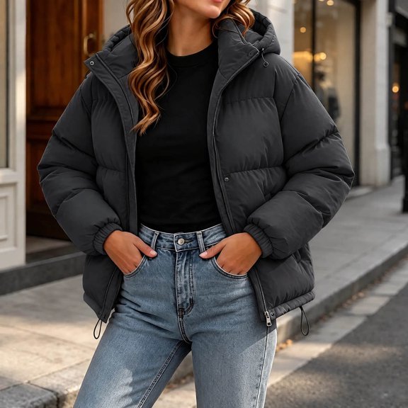 Xdegoge Womens Puffer Jacket Zip Up Thick Insulated Quilted Padded Winter Coat with Pockets Cold Weather Warm Hooded Outerwear,Sizes M-4Xl