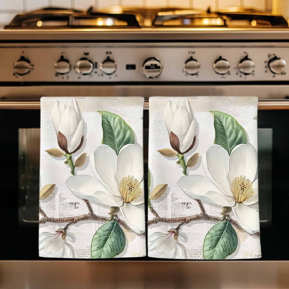 Flowers Leaves Kitchen Towels Set of 4, Farmhouse White Botanical Magnolia Retro Absorbent Dish Towels for Kitchen, Microfiber Hand Towel, Quick Drying Tea Towel for Cleaning Decorative Dishcloths