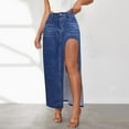 thumbnail image 2 of WTOBBY Women's High Slit Denim Skirt Side Split Design Stretch High Waist Bodycon Pencil Skirt Mid Length Light Wash Summer Casual,Dark Blue 2XL, 2 of 5