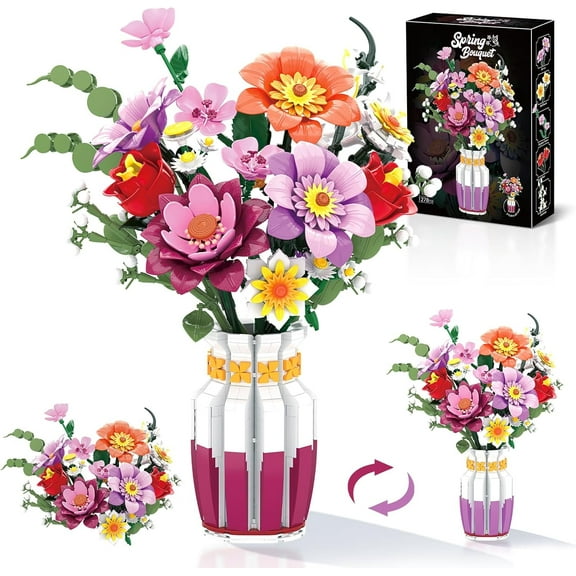 Remocguys Artificial Flower Bouquet Building Set with Vase Compatible with Lego Flowers Home Decor for Adults 1278 Pcs