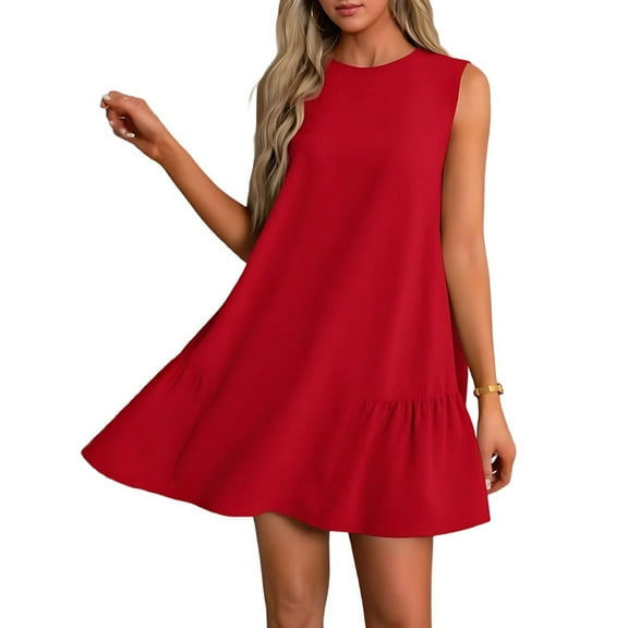 Solid Color Round Neck Sleeveless Vest Dress Red M