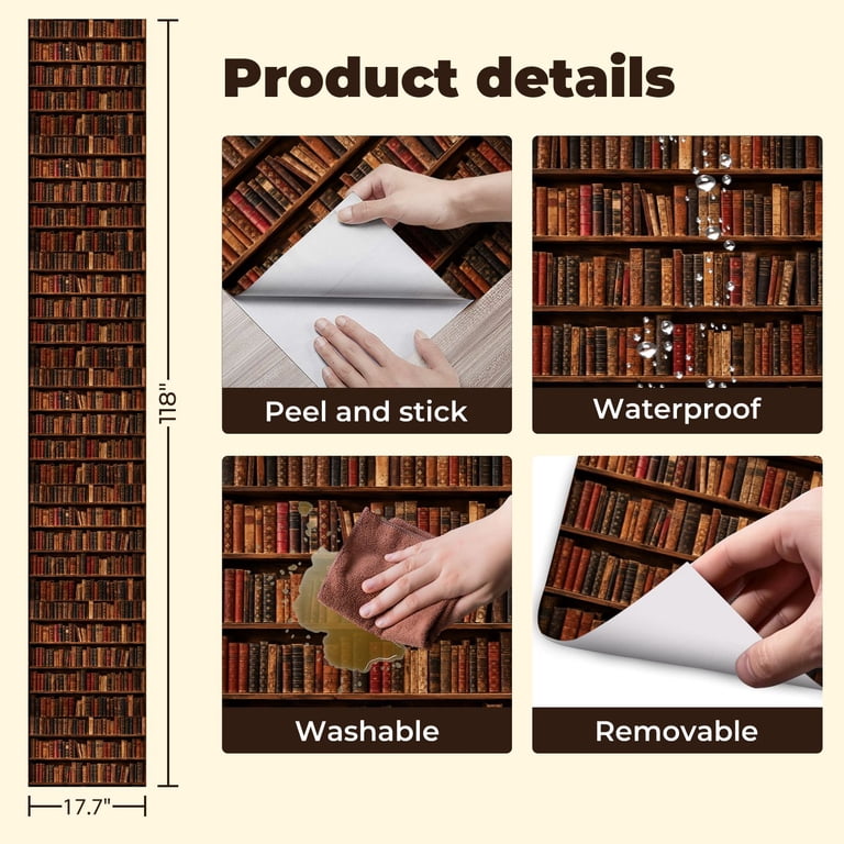 Peel and Stick Wallpaper Library Bookshelf red vintage 17.7
